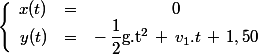 \left \lbrace \begin{array}{ccc}x(t)&=&0 \\y(t)&=&-\,\(\dfrac{1}{2}\)g.t^2\,+\,v_1.t\,+\,1,50 \end{array}